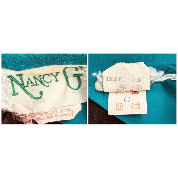 Vintage 80s A-line dress, turquoise, pleated bodice, assorted belt, long sleeves - Picture 8 of 8